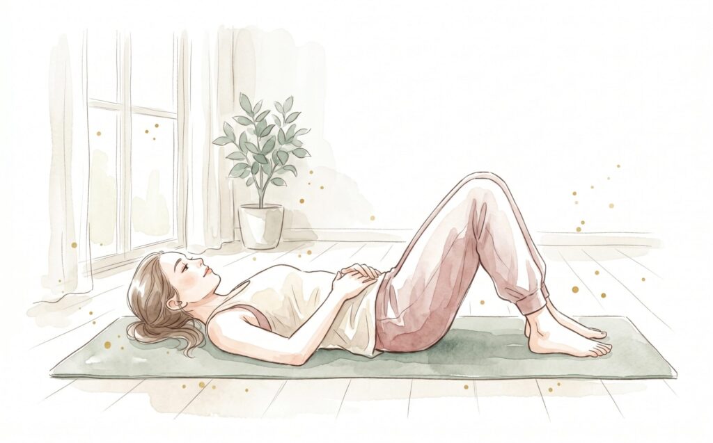 マットの上で体幹を意識する女性の水彩イラスト