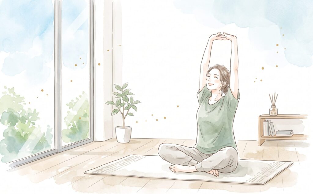 明るい部屋で全身をやさしく伸ばす女性の水彩イラスト