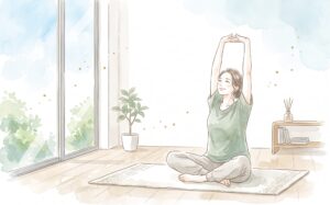 明るい部屋で全身をやさしく伸ばす女性の水彩イラスト