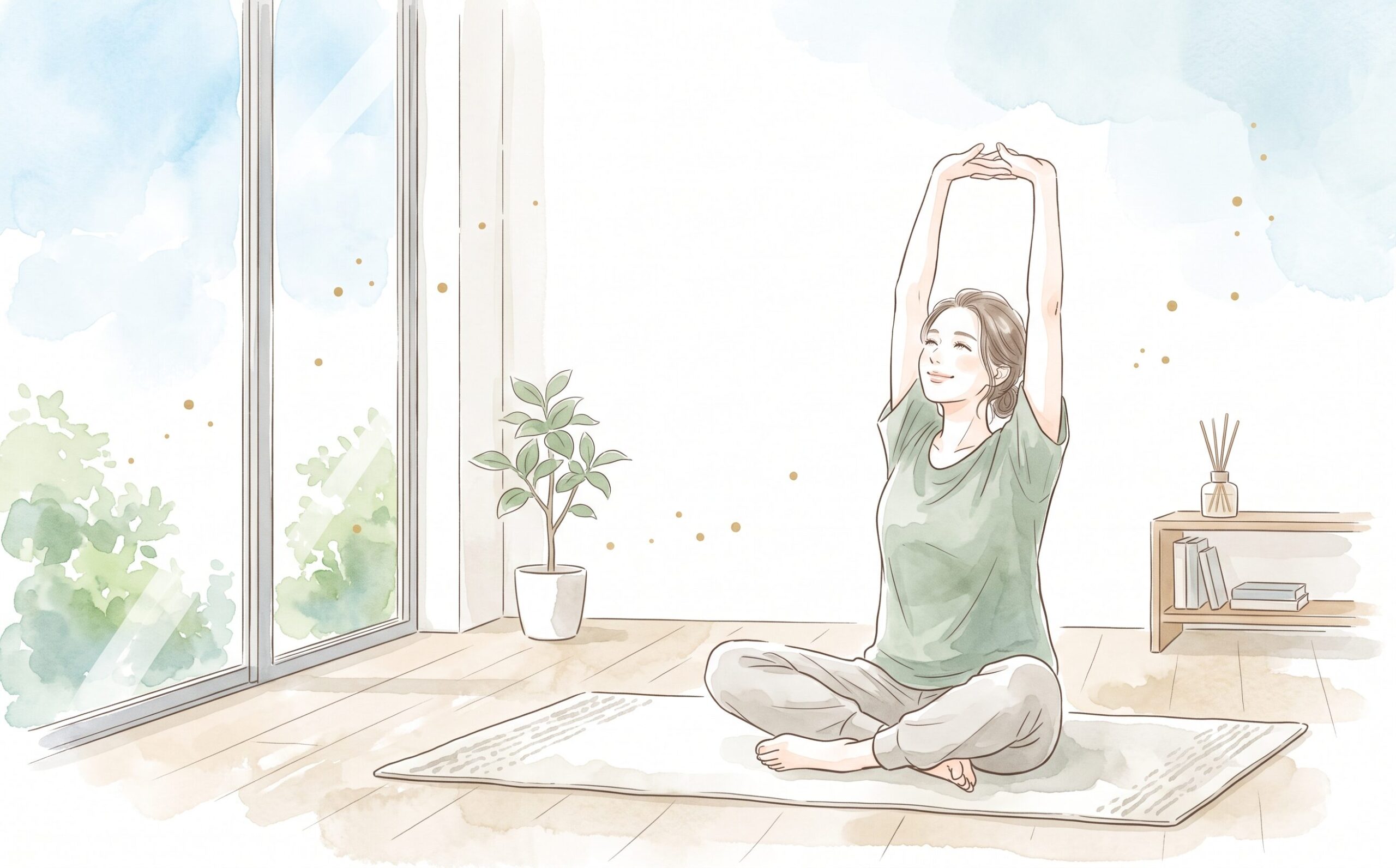 明るい部屋で全身をやさしく伸ばす女性の水彩イラスト