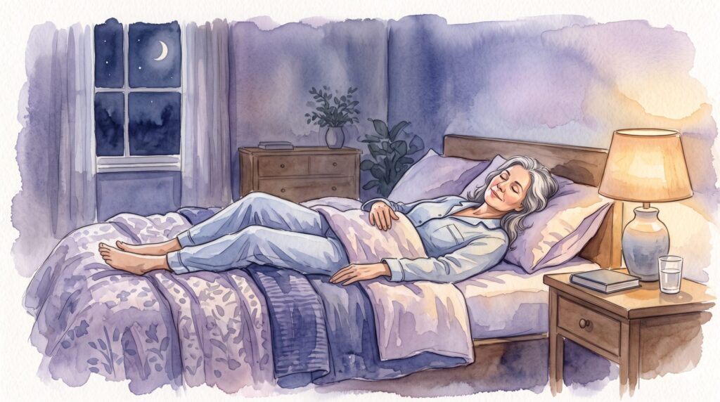 夜の寝室であおむけで安らかに眠る女性の水彩イラスト