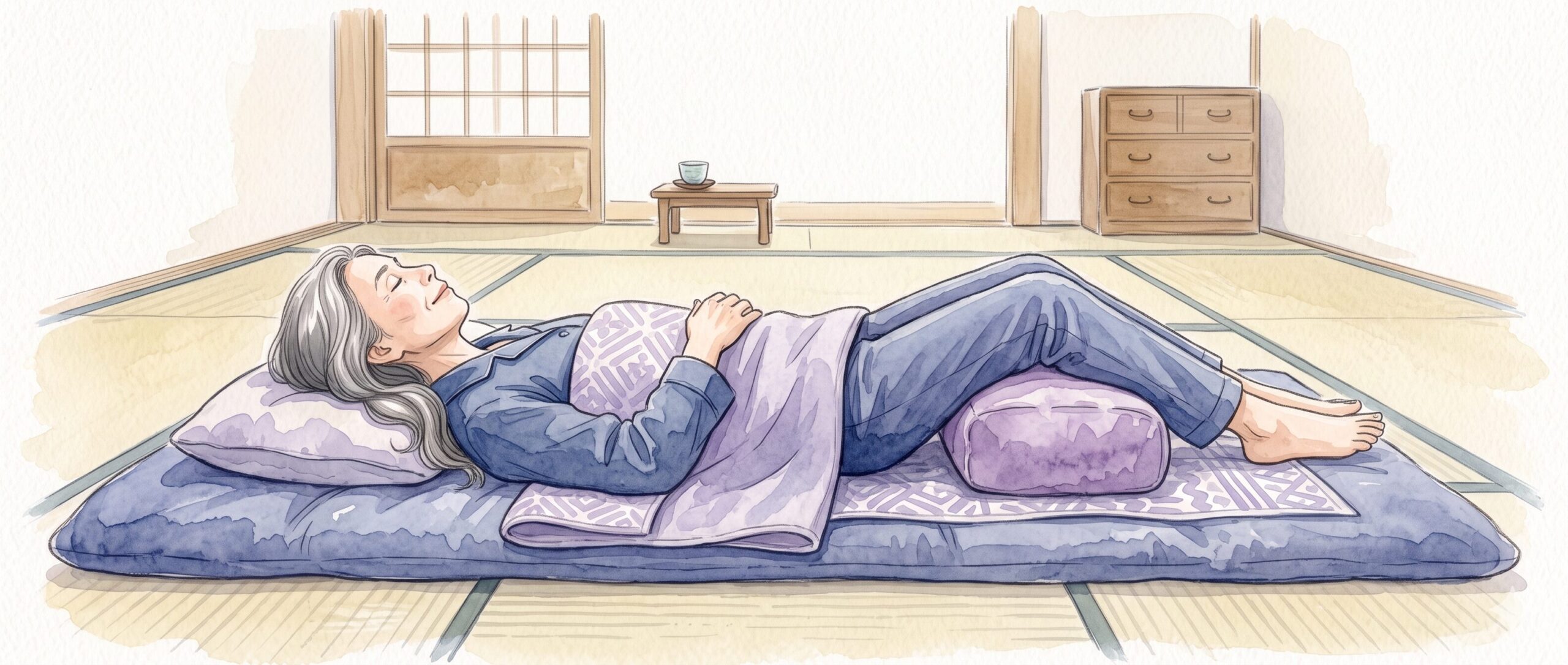 あおむけでひざ下にクッションを入れて休む水彩イラスト