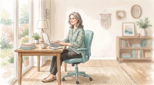 デスクで良い姿勢で座る女性の水彩イラスト