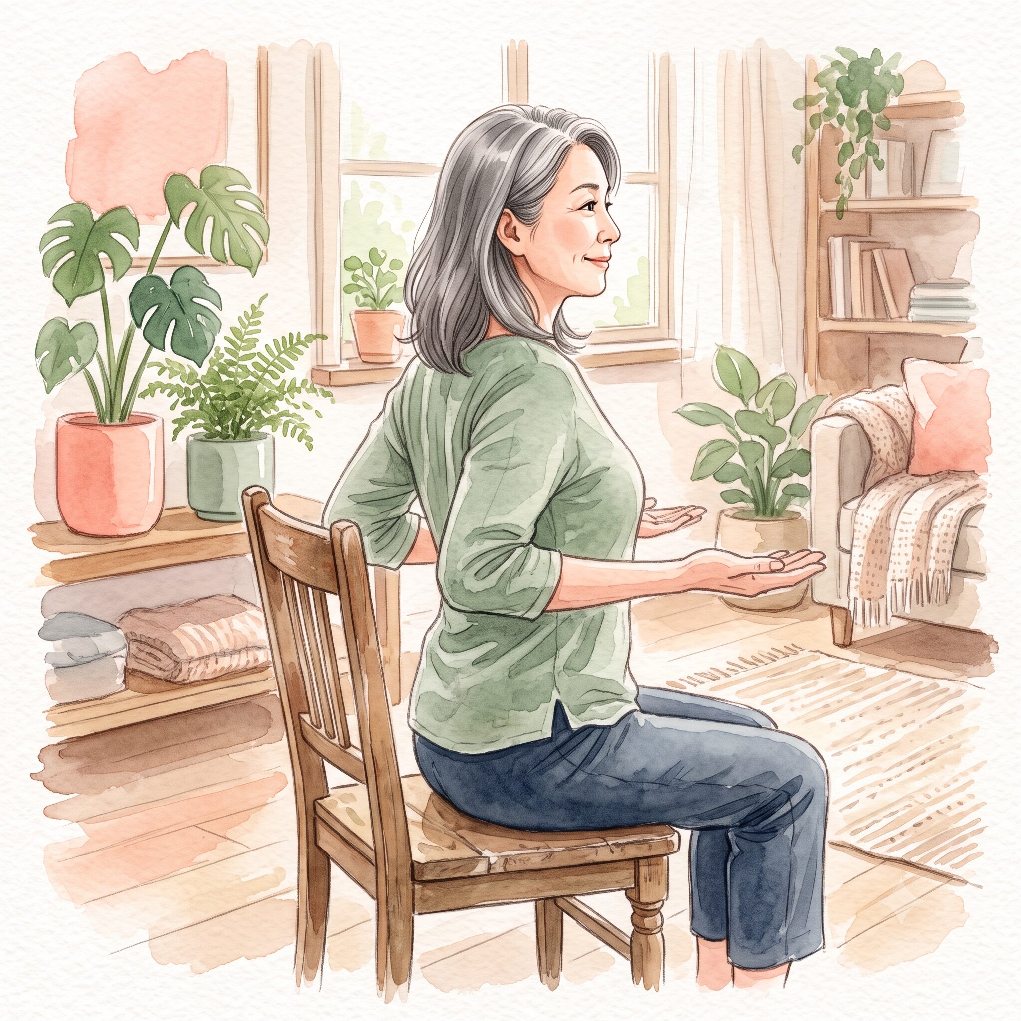 椅子に座り両ひじを後ろに引いて肩甲骨を寄せる女性の水彩イラスト