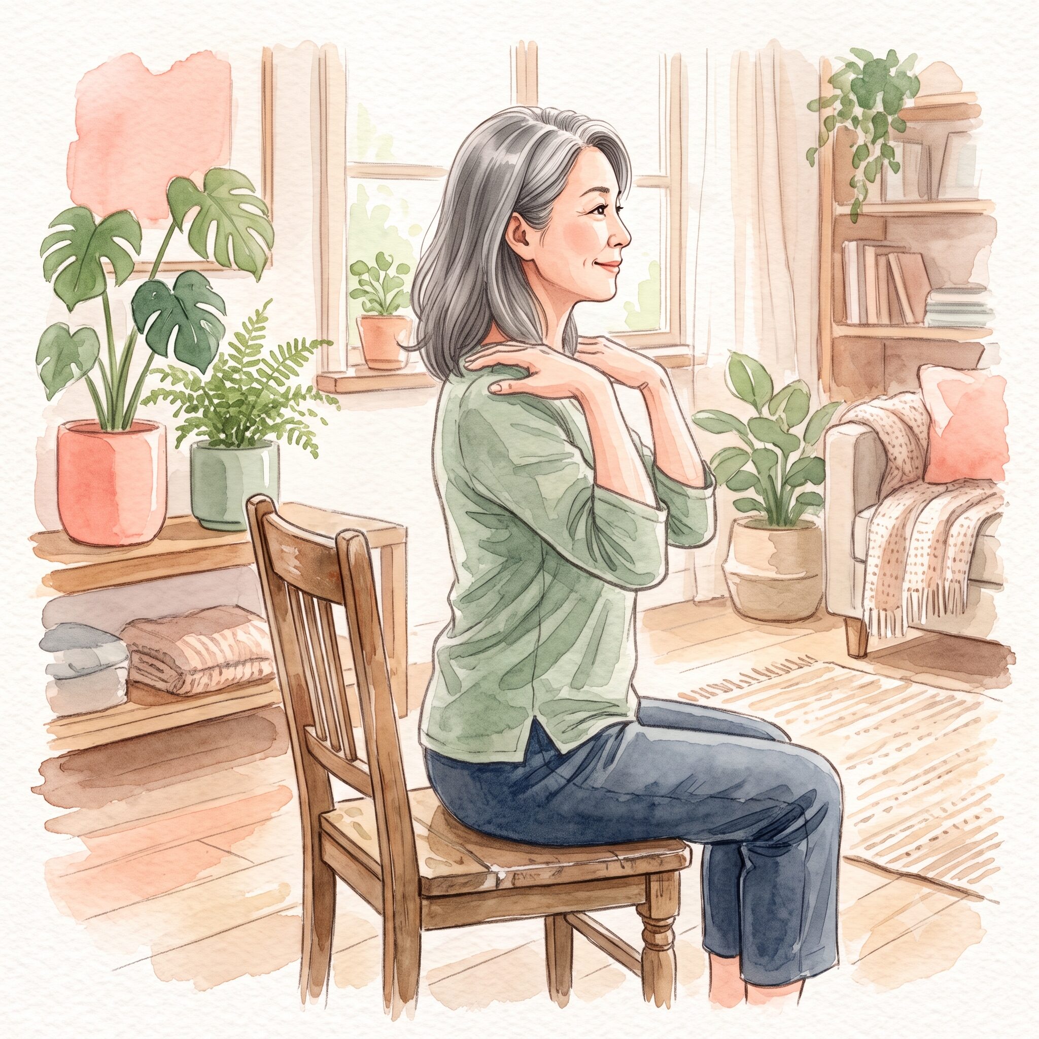両手を肩にのせ、ひじで大きな円を描くように肩を回す女性の水彩イラスト