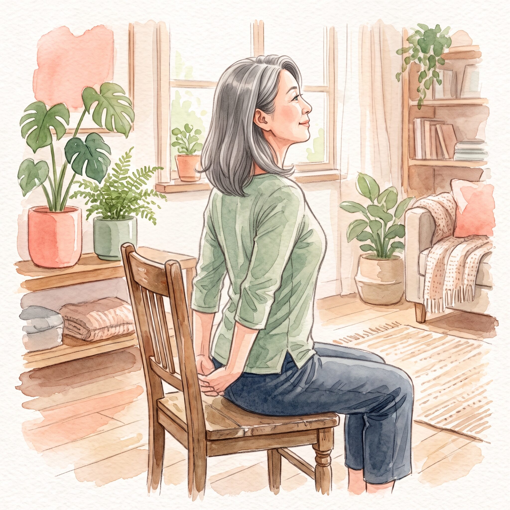 両手を背中の後ろで組み、胸をゆっくり開くストレッチをする女性の水彩イラスト
