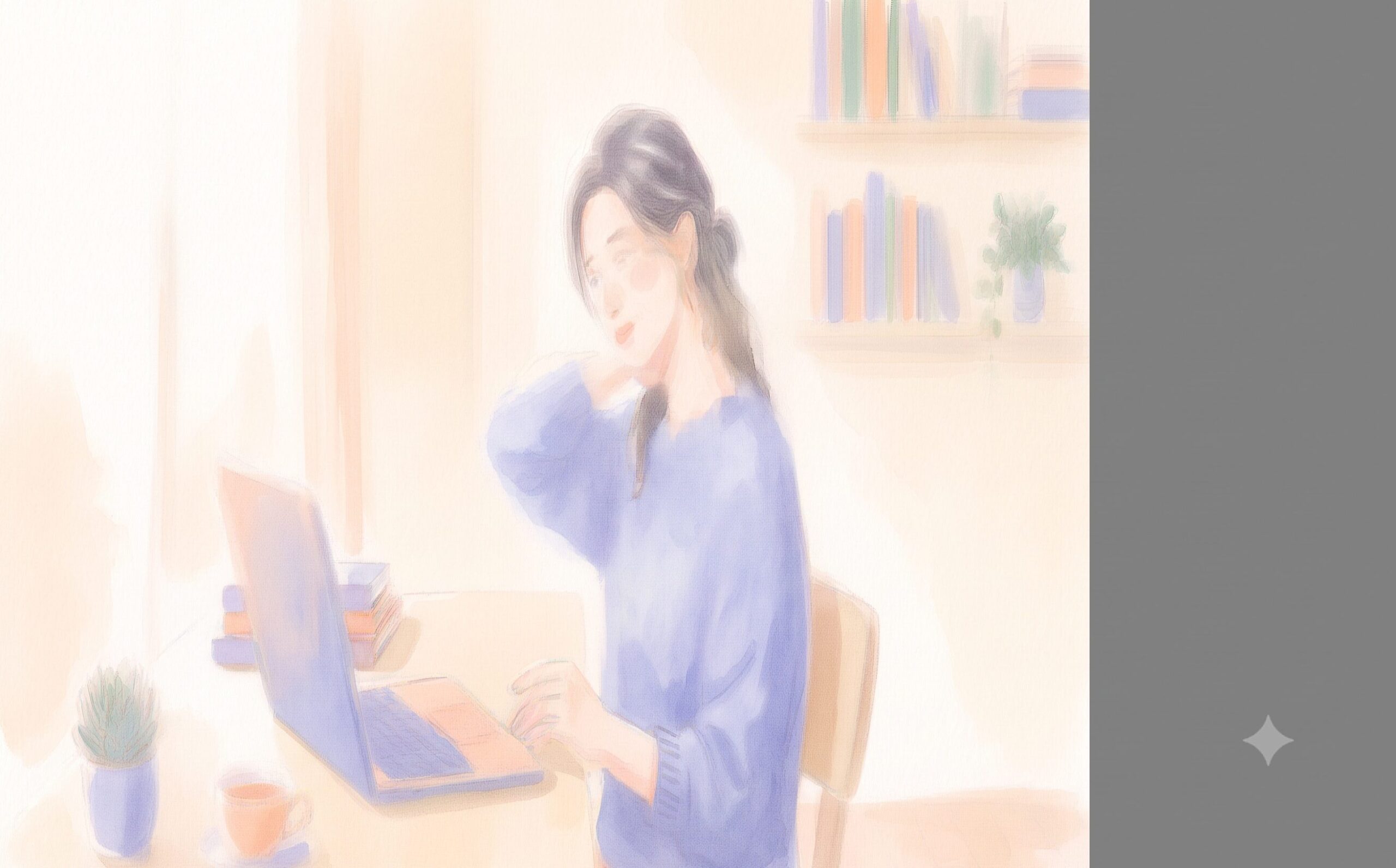 デスクワーク中に首の後ろに手を当てる女性の水彩イラスト
