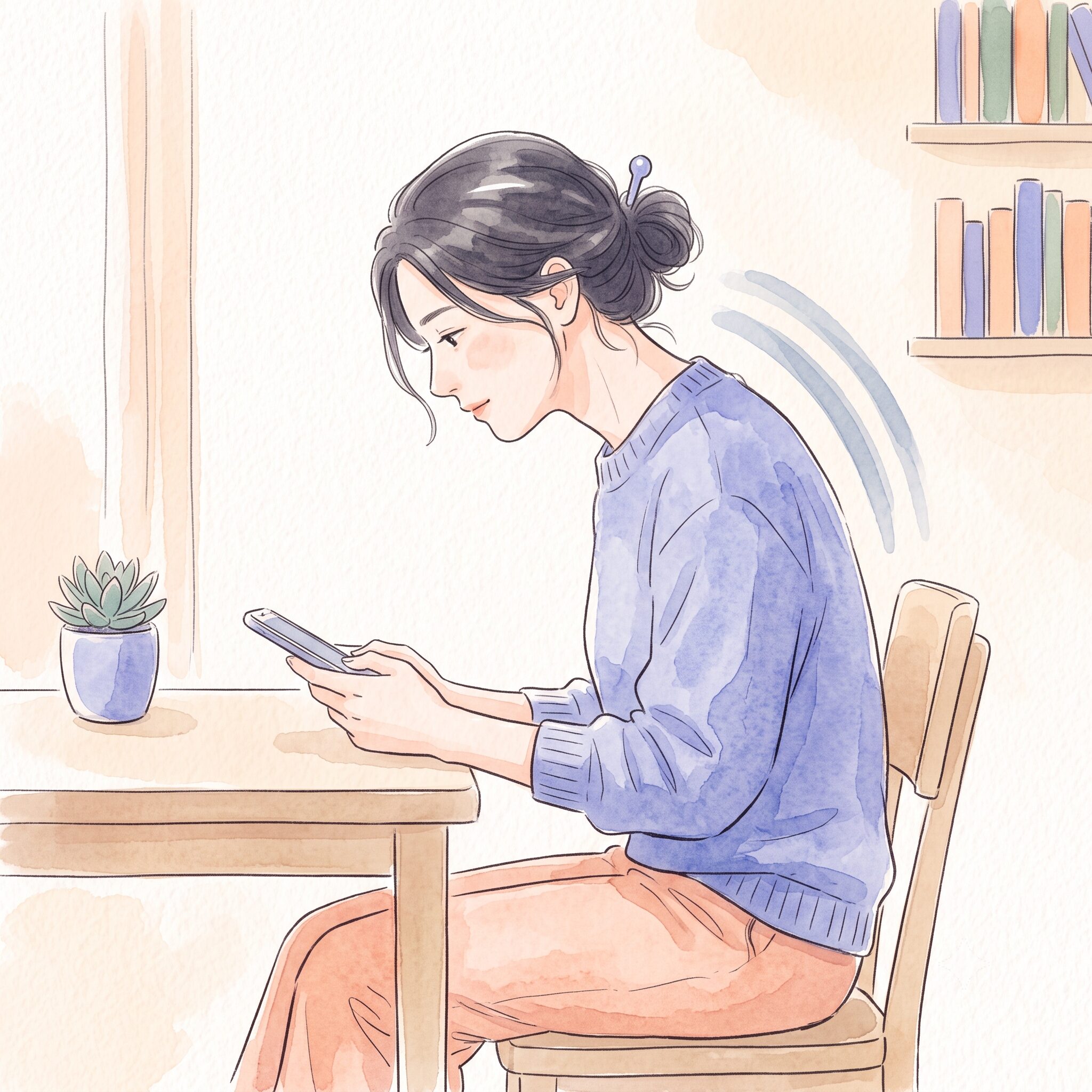 スマホをのぞき込み頭が前に出た姿勢を横から見た水彩イラスト