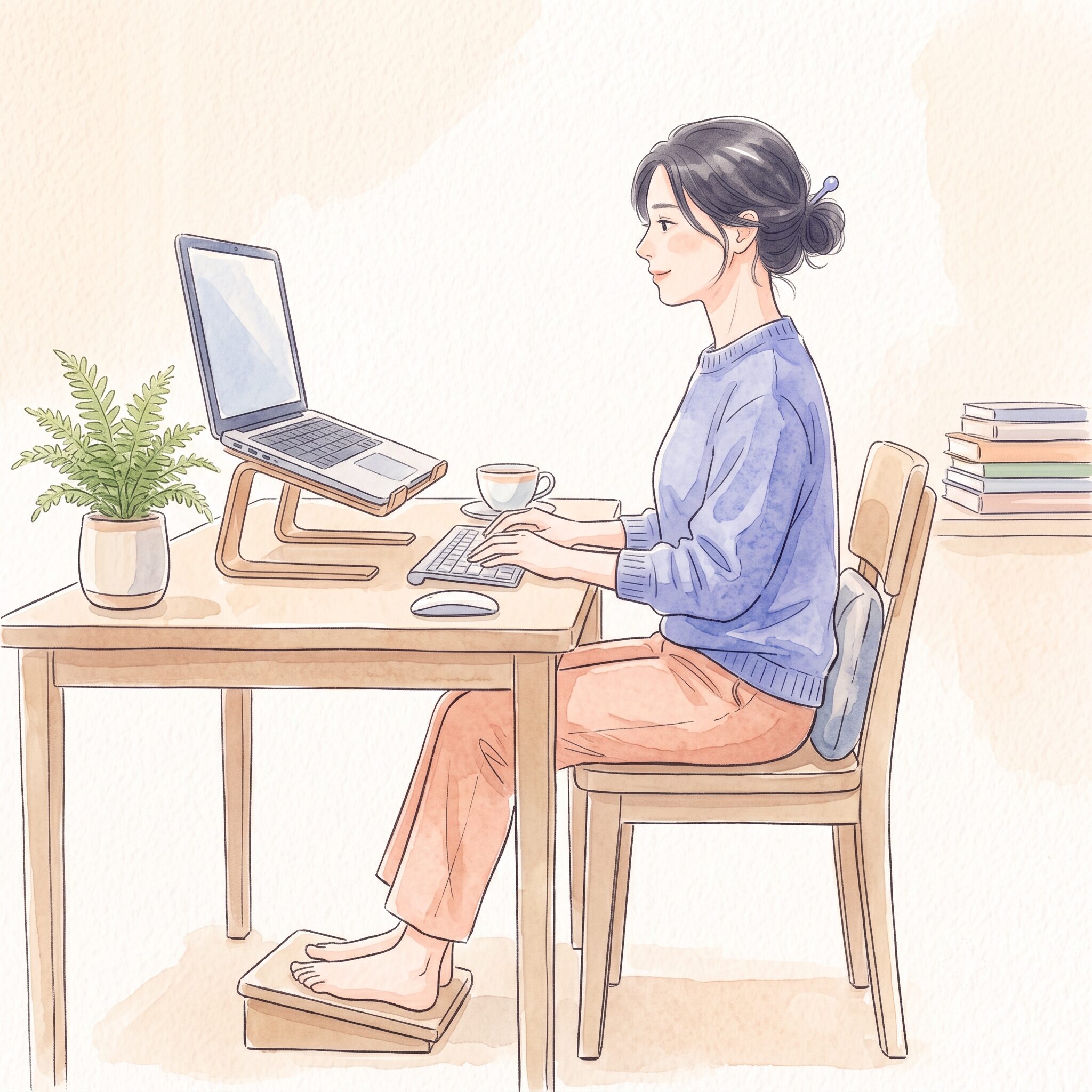 ノートPCを台にのせ画面を目の高さに合わせた良いデスク環境の水彩イラスト