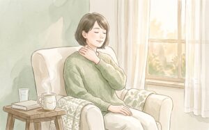窓辺のアームチェアで首に手を添えてくつろぐ女性の水彩イラスト