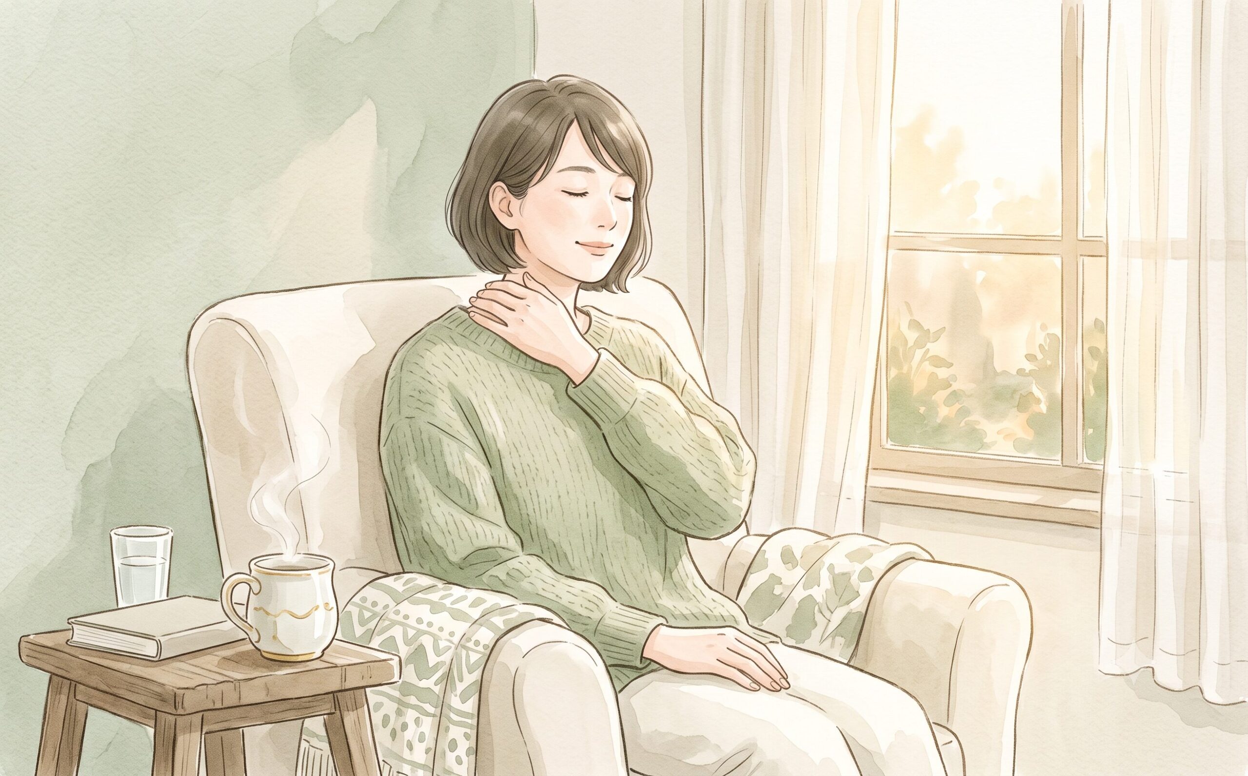 窓辺のアームチェアで首に手を添えてくつろぐ女性の水彩イラスト