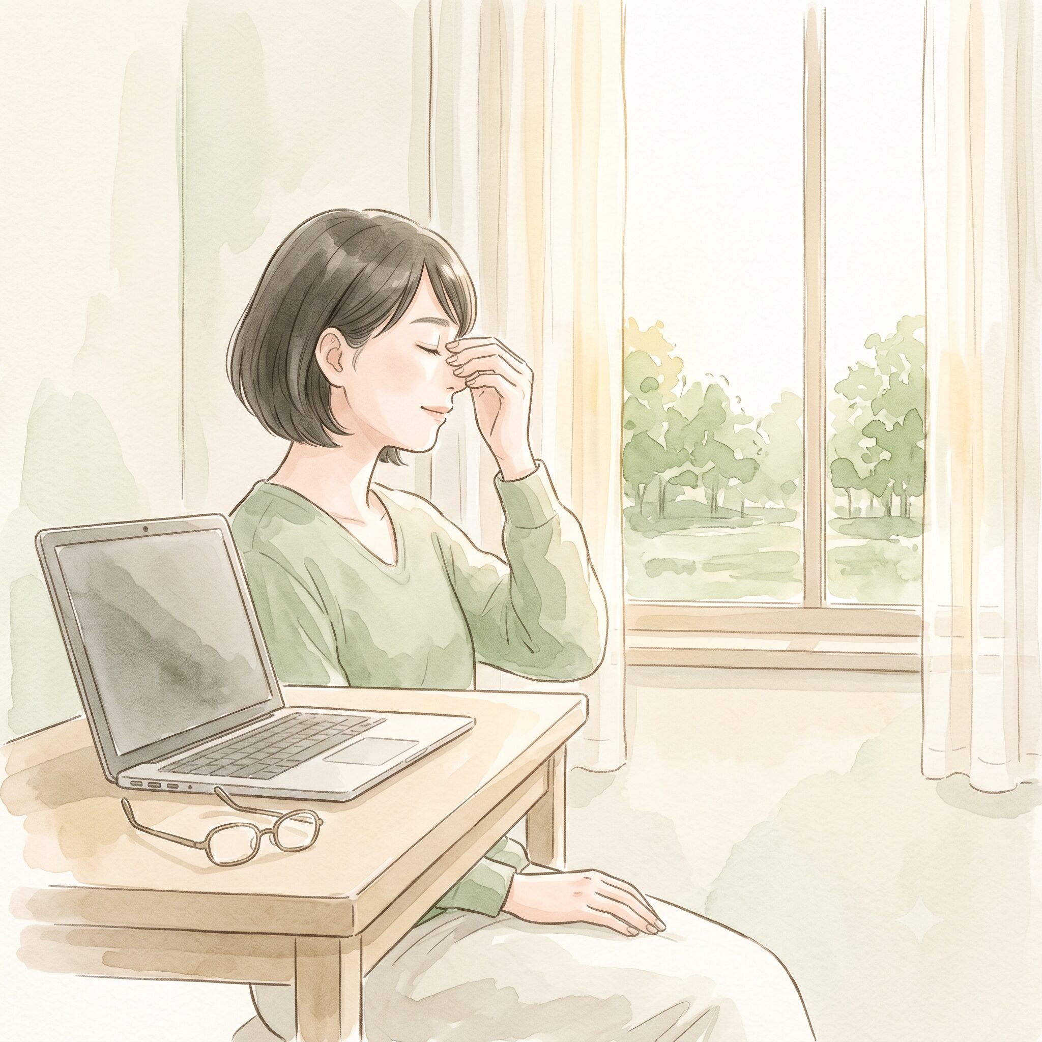 パソコン作業の合間に窓の外の遠くを見て目を休める女性の水彩イラスト