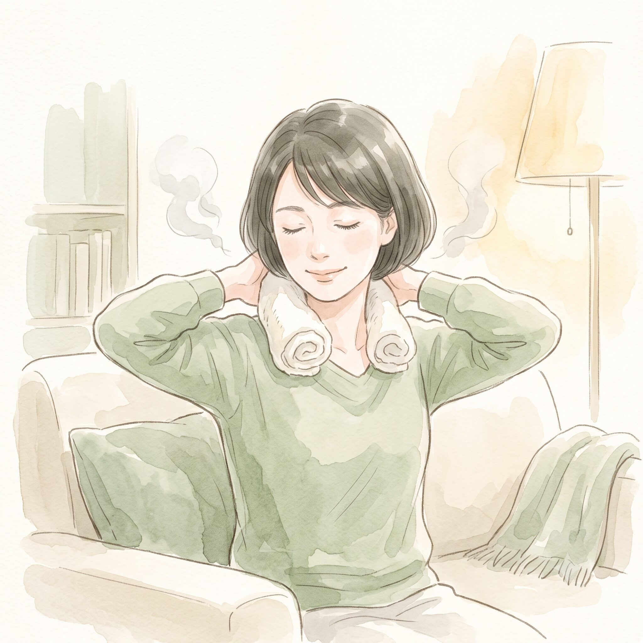蒸しタオルで首の後ろを温めてくつろぐ女性の水彩イラスト