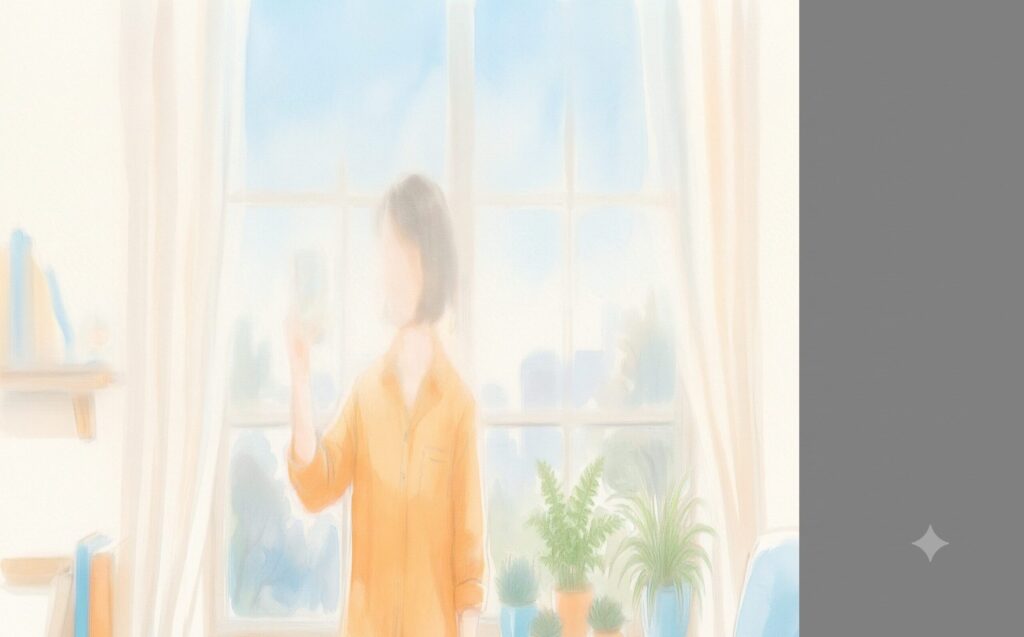 スマホを目の高さに上げて正しい姿勢で使う女性の水彩イラスト