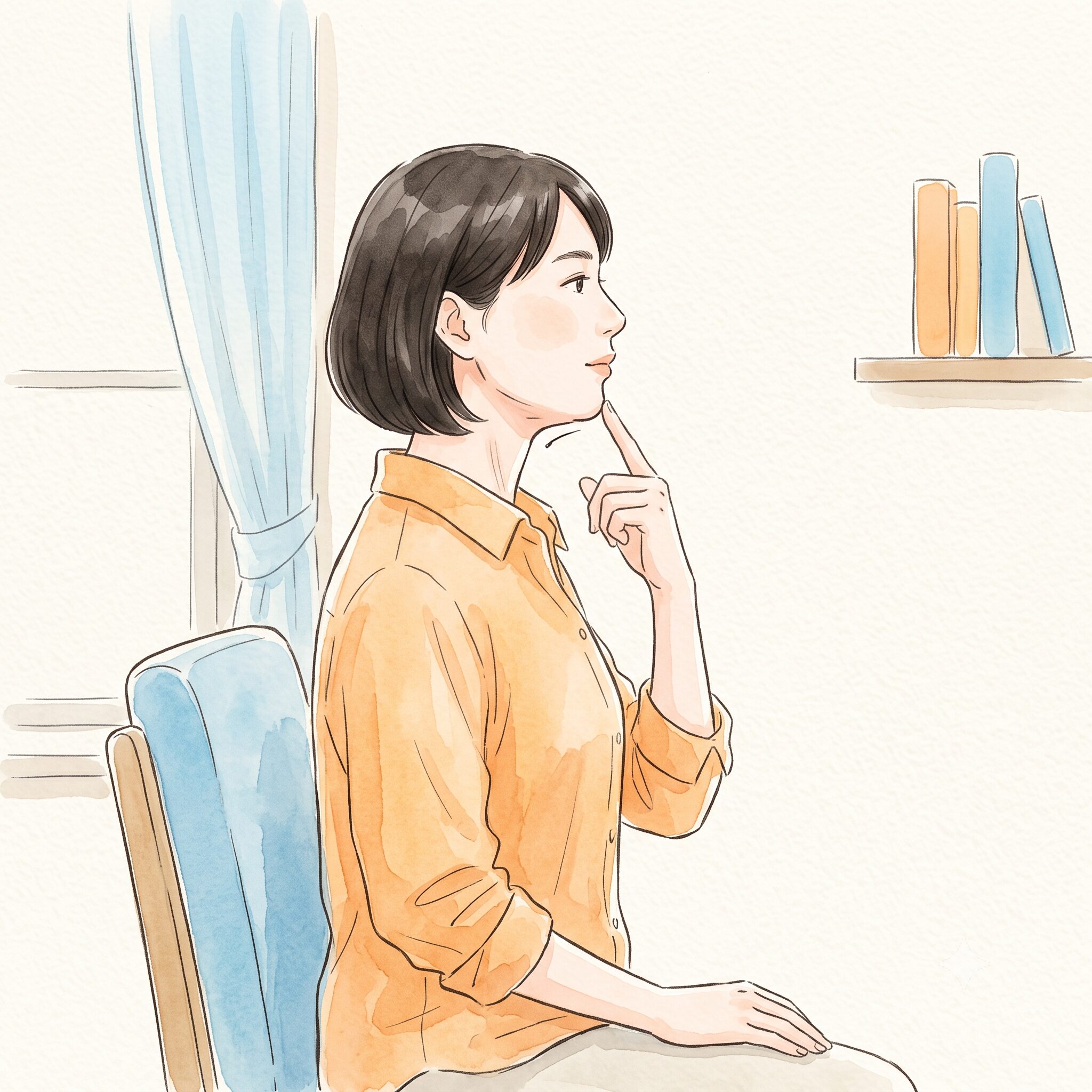 椅子に座りあごを軽く後ろに引くうなずき運動をする女性の横向き水彩イラスト