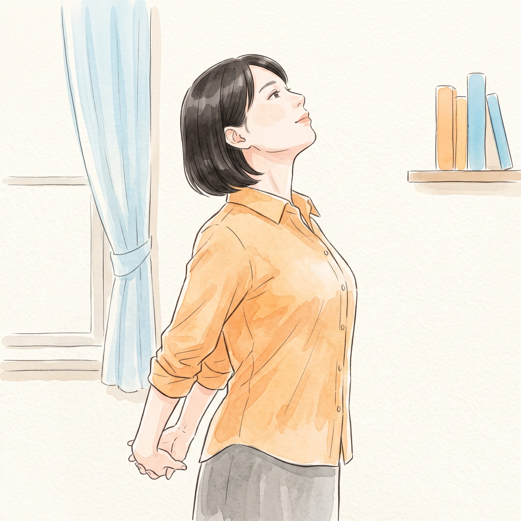 両手を後ろで組み胸を開いて天井を見上げるストレッチをする女性の水彩イラスト