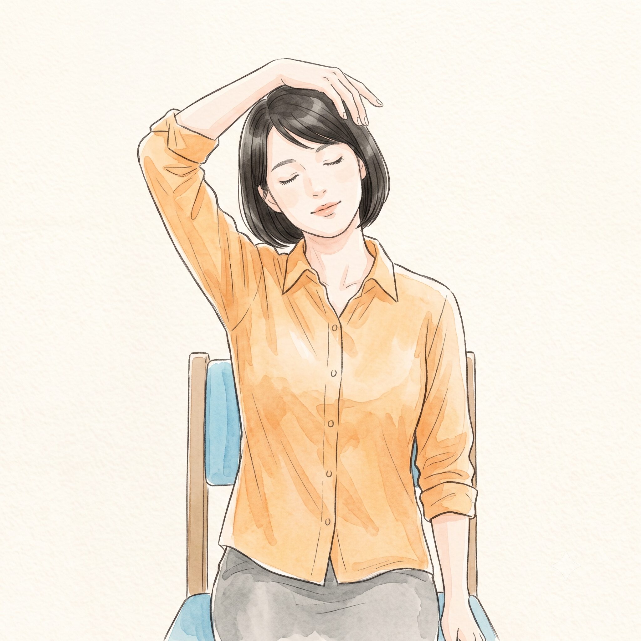 片手を頭に添えて首を横に倒すストレッチをする女性の水彩イラスト