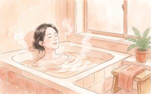 湯船に肩まで浸かってリラックスする女性の水彩イラスト