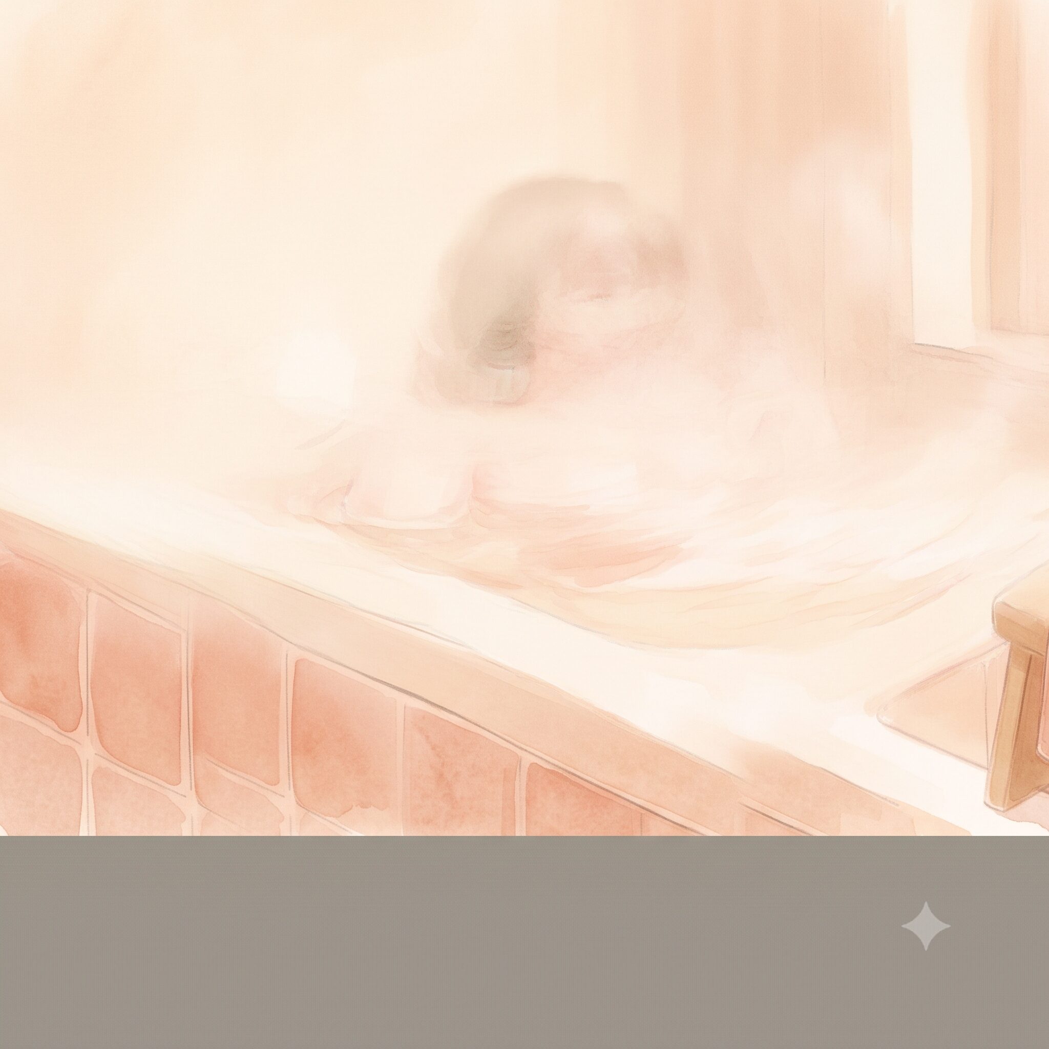 湯船に浸かりながら肩をゆっくり回す女性の水彩イラスト