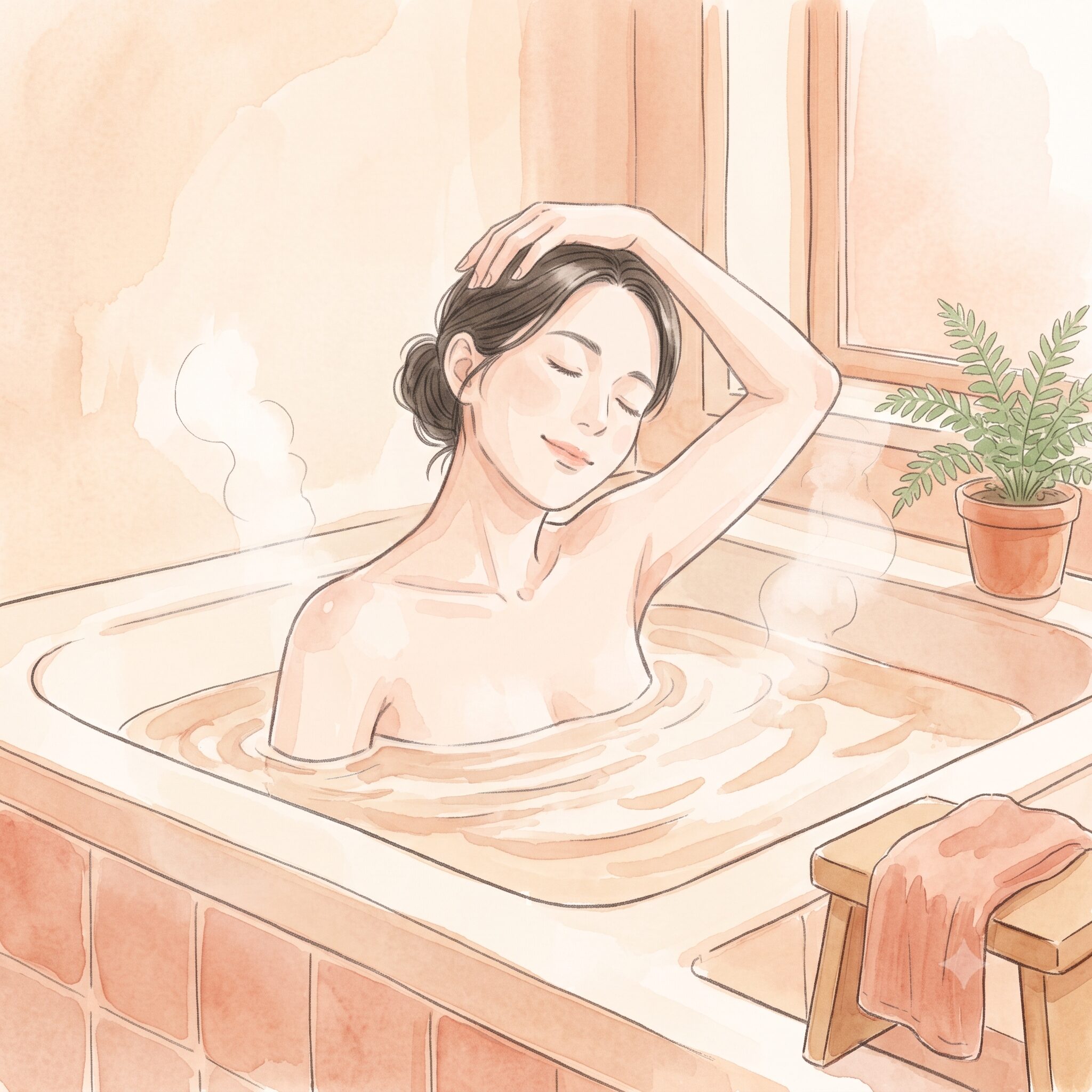 湯船の中で手を頭に添えて首を横に倒すストレッチをする女性の水彩イラスト