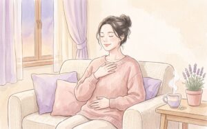 ソファで胸とお腹に手を当てて深呼吸しリラックスする女性の水彩イラスト