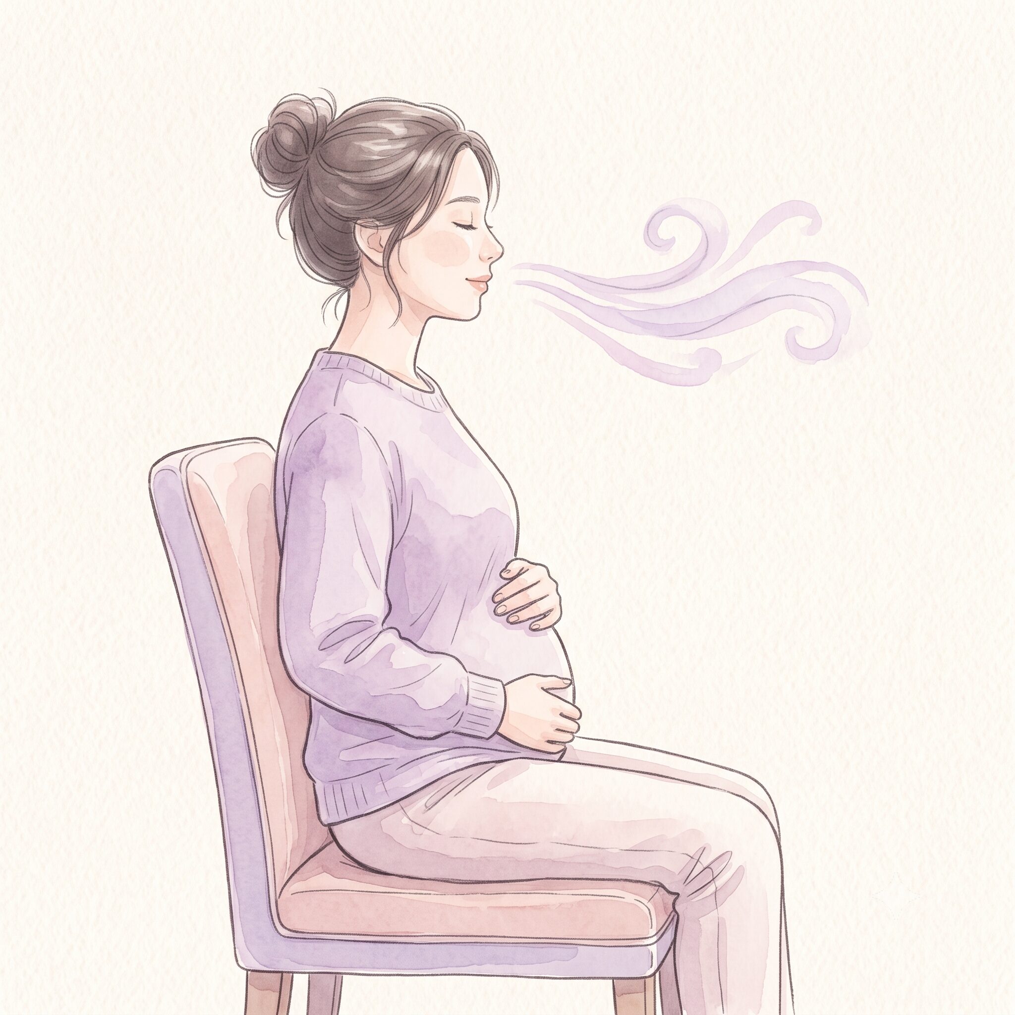 椅子に座りお腹に手を当てて腹式呼吸をする女性の横向き水彩イラスト