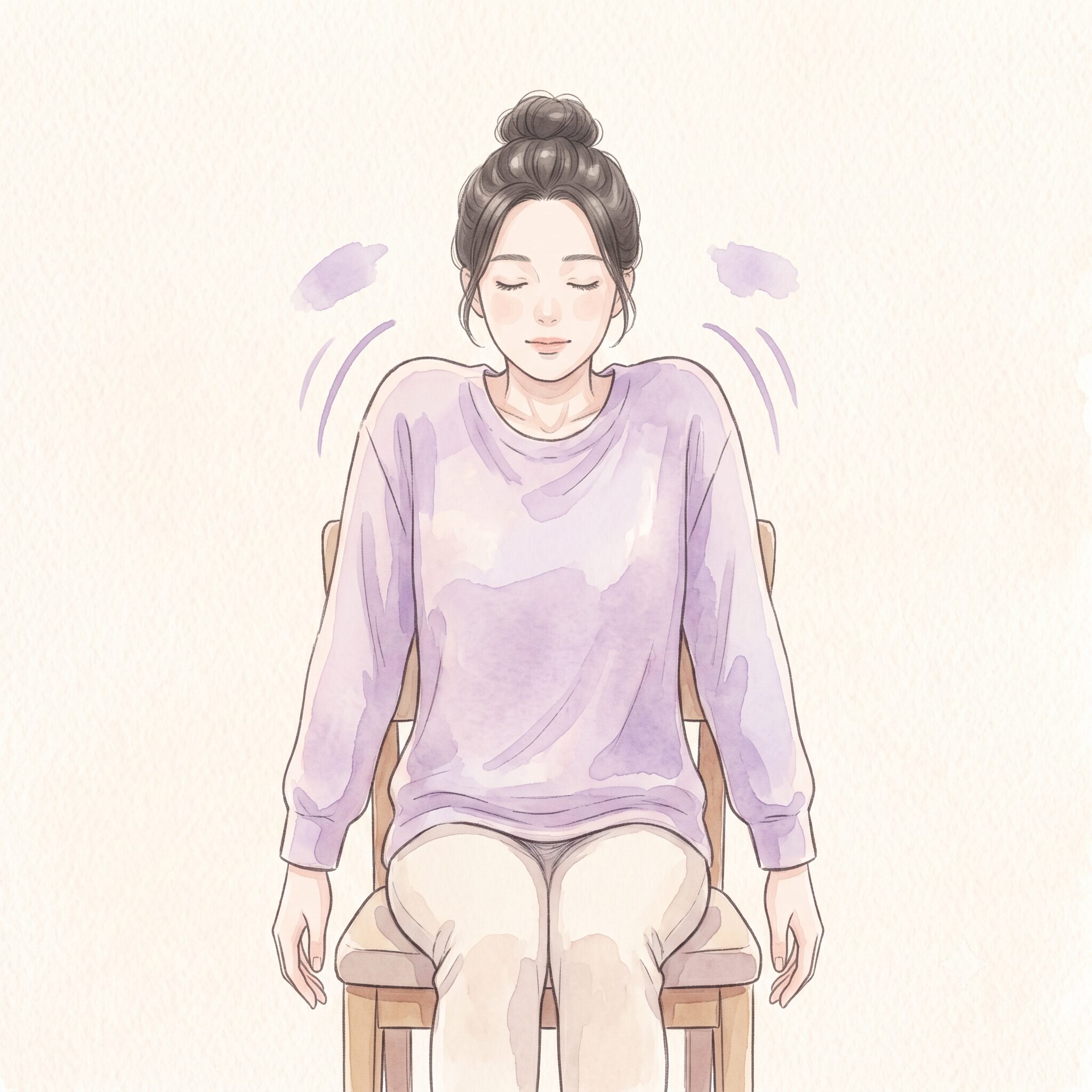 両肩を耳に近づけるようにすくめる脱力エクササイズをする女性の水彩イラスト