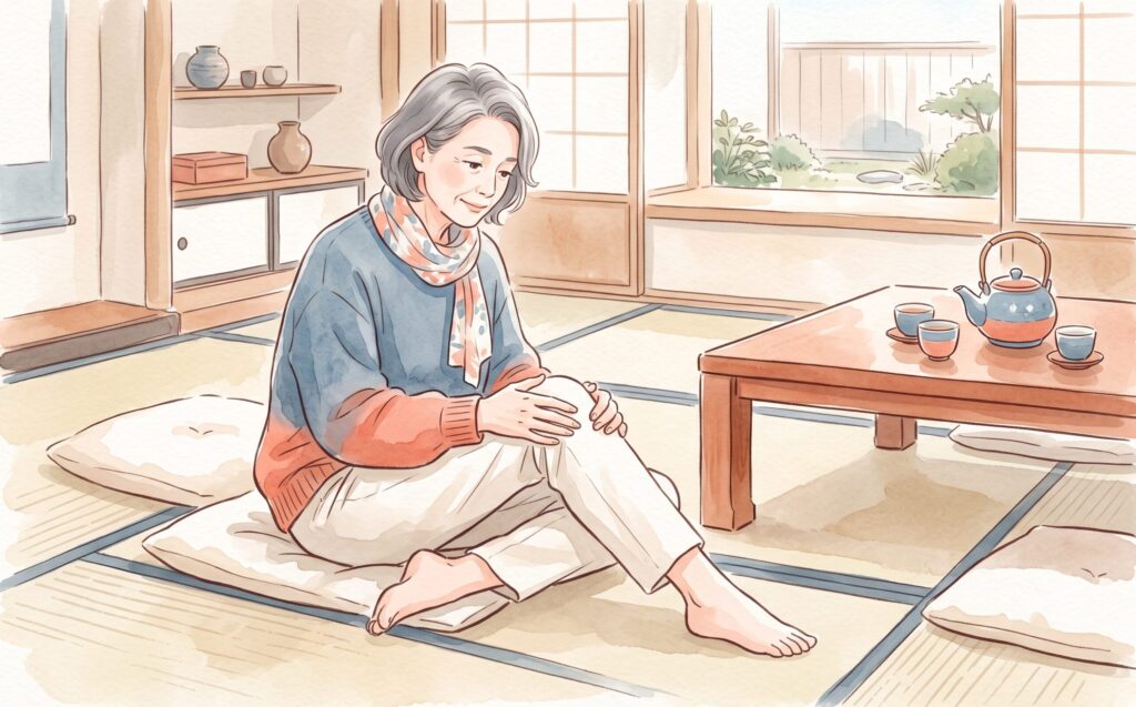 和室で膝に手を添えて座る女性の水彩イラスト