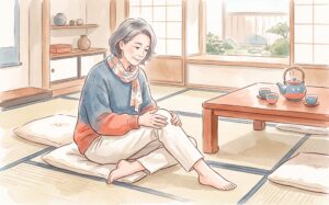 和室で膝に手を添えて座る女性の水彩イラスト