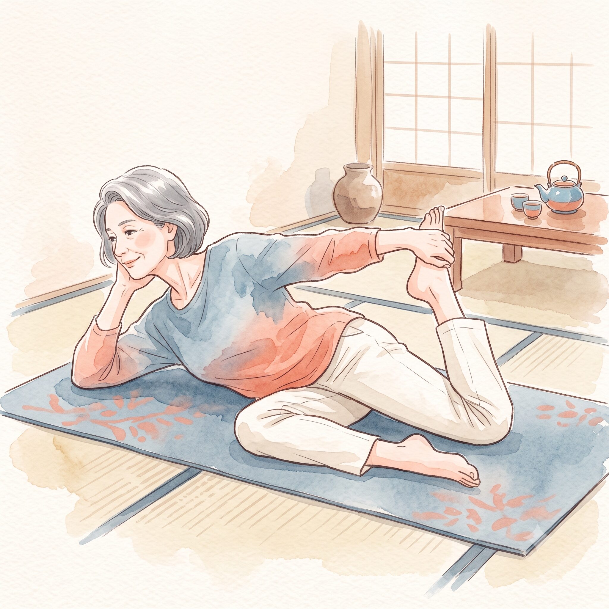 横向きに寝て足の甲を持ちかかとをお尻に近づける太もも前ストレッチの水彩イラスト