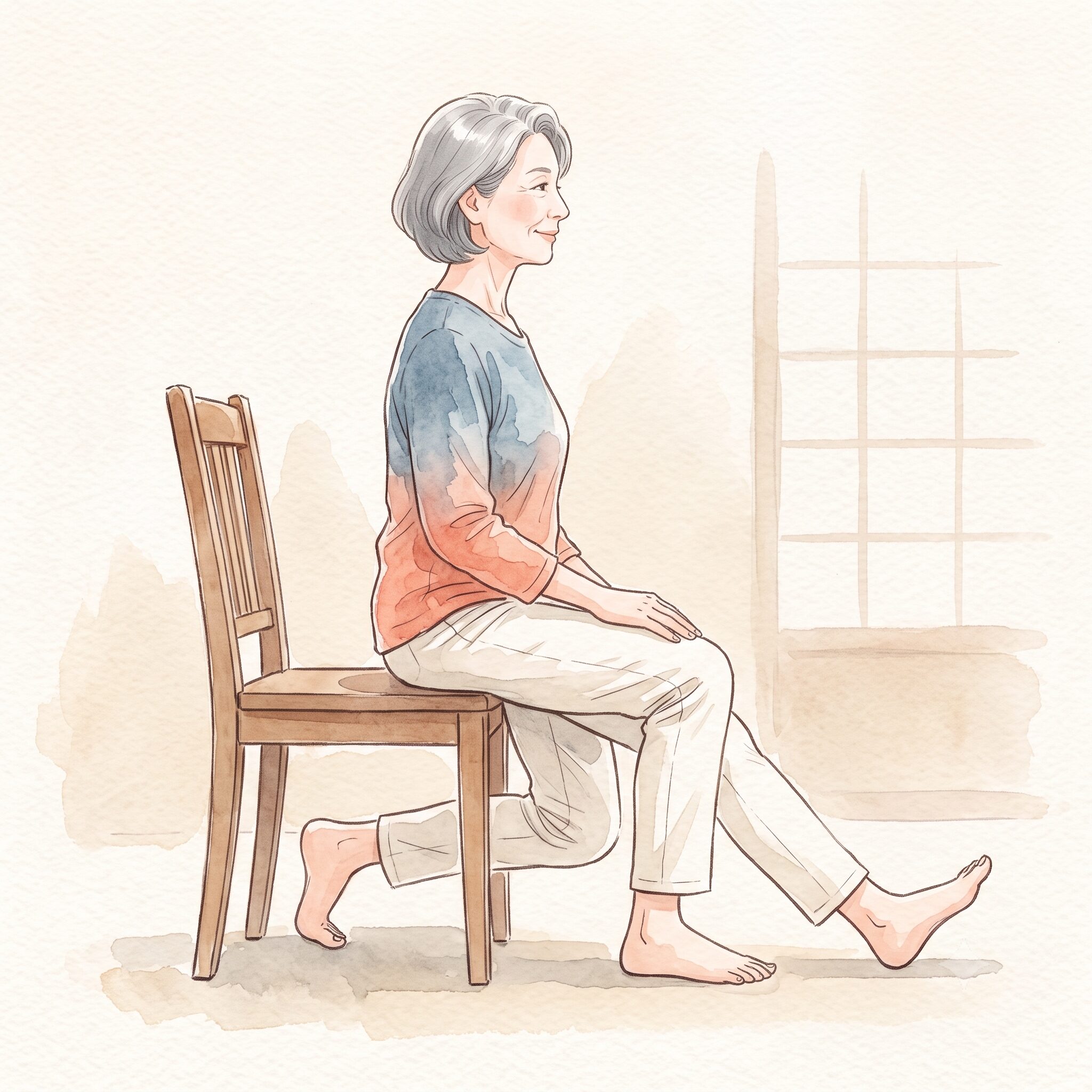 椅子に浅く座り片足を手前に引いて膝を深く曲げる運動の水彩イラスト