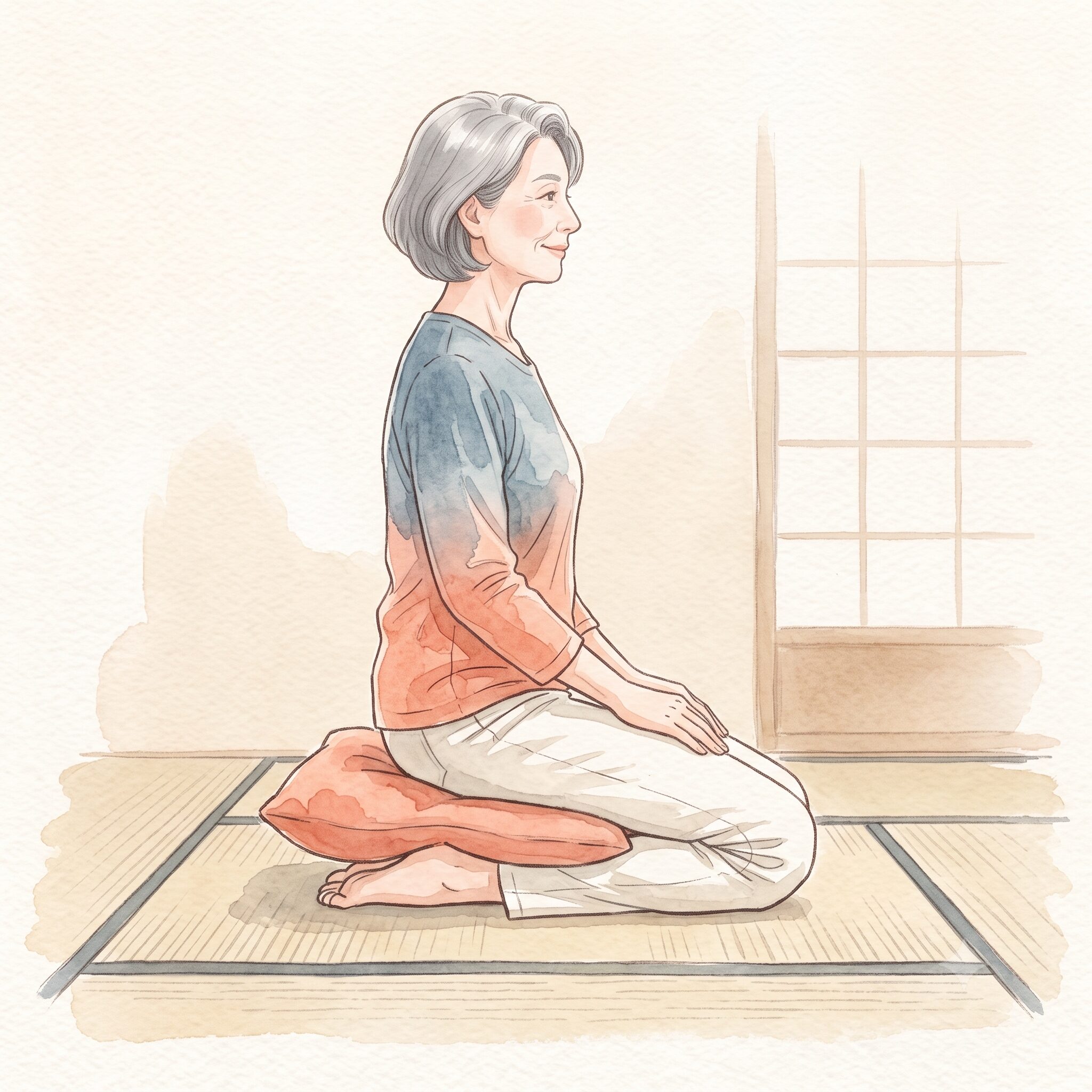 お尻とふくらはぎの間にクッションを挟んで正座の練習をする女性の水彩イラスト
