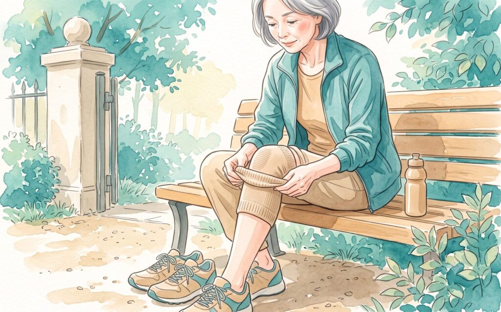 ベンチで膝サポーターを装着する女性の水彩イラスト