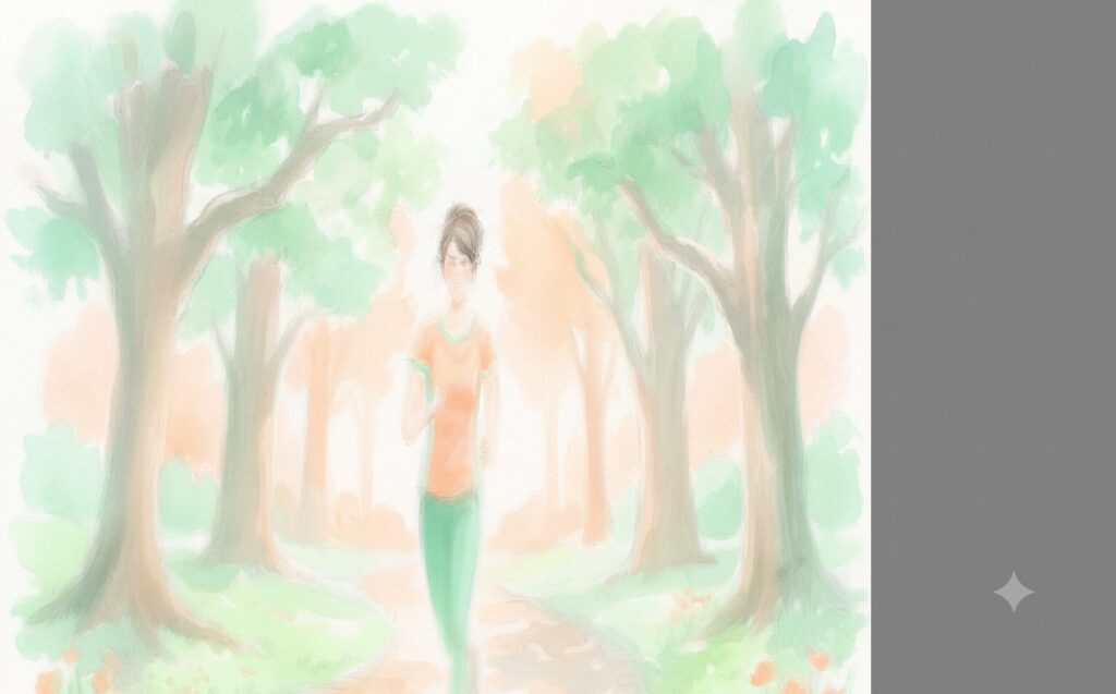公園の道を軽やかにジョギングする女性の水彩イラスト