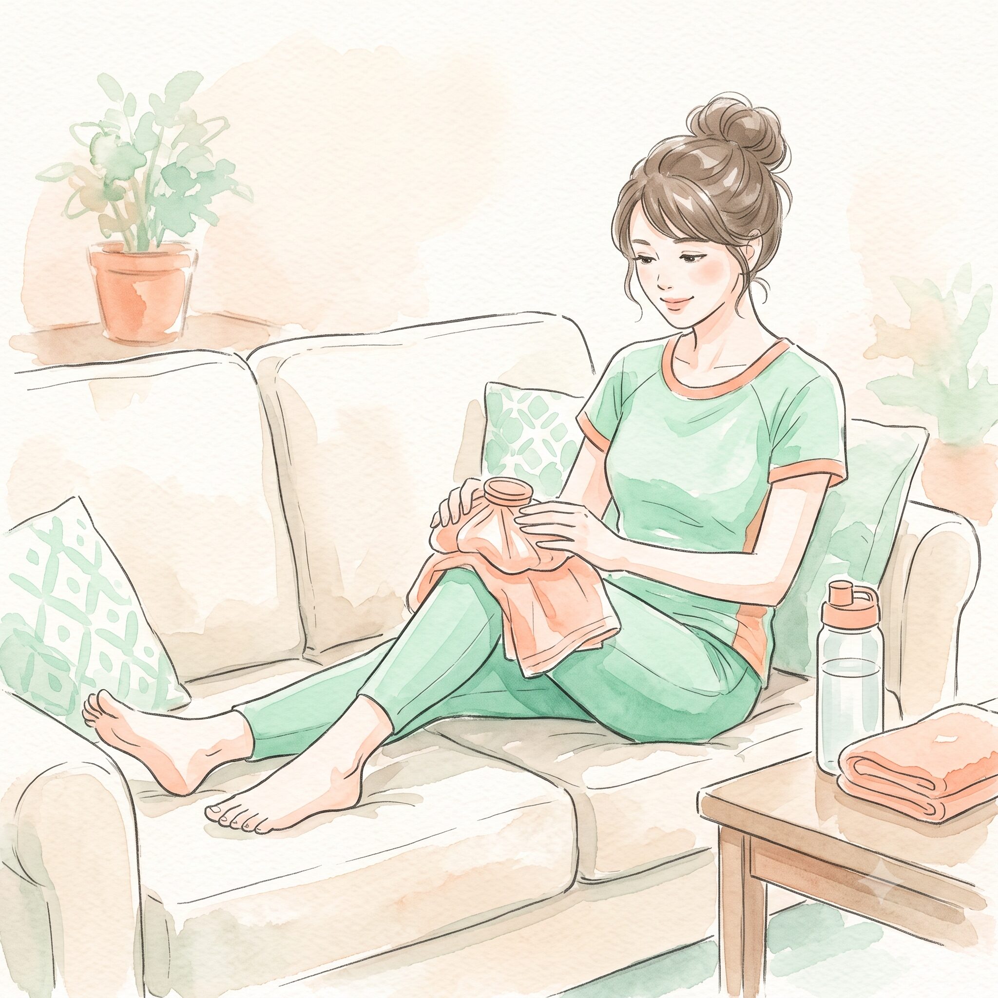 ランニング後にタオルで包んだ氷のうで膝を冷やす女性の水彩イラスト