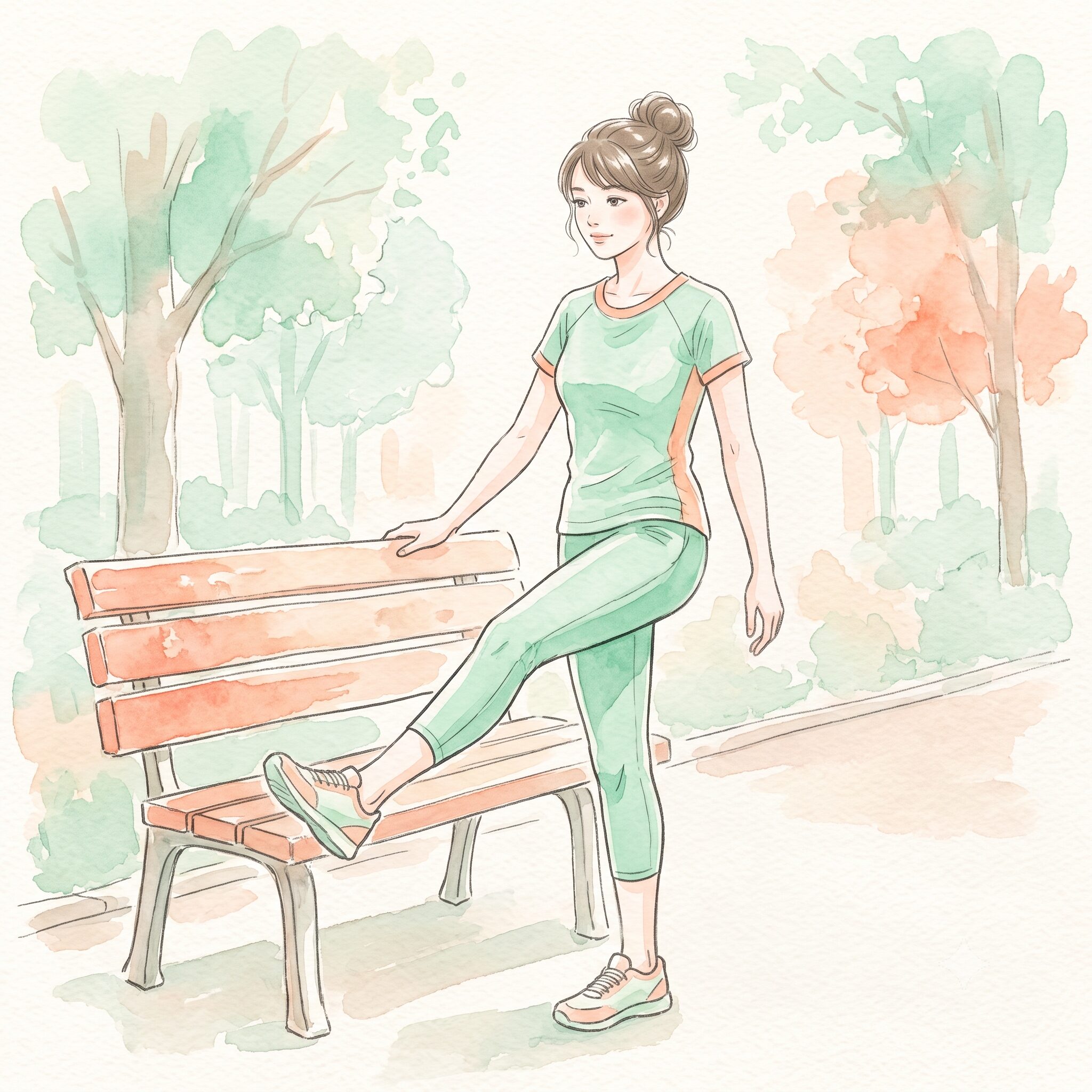 ベンチに手を添えて脚を前後に振るレッグスイングをする女性の水彩イラスト