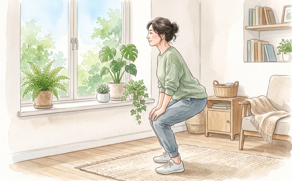 膝にやさしくスクワットをする女性の水彩イラスト