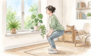膝にやさしくスクワットをする女性の水彩イラスト
