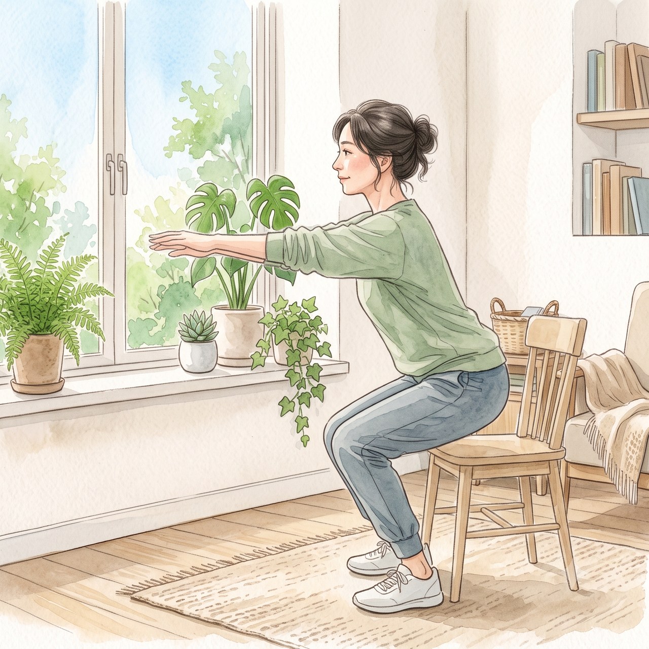 椅子から立ち座りする椅子スクワットの水彩イラスト