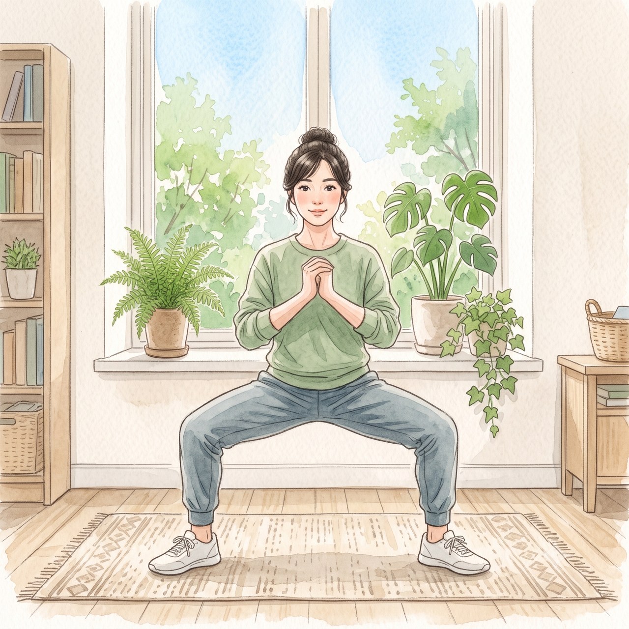 足を広げて行うワイドスクワットの水彩イラスト