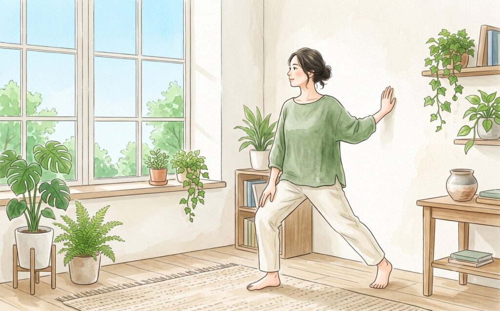 足首とふくらはぎをストレッチする女性の水彩イラスト