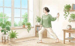 足首とふくらはぎをストレッチする女性の水彩イラスト