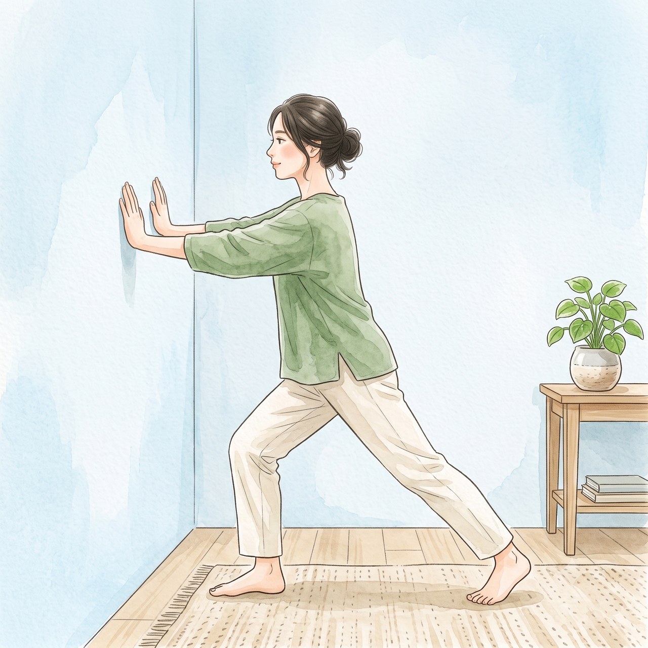壁に手をつきふくらはぎとアキレス腱を伸ばすストレッチの水彩イラスト