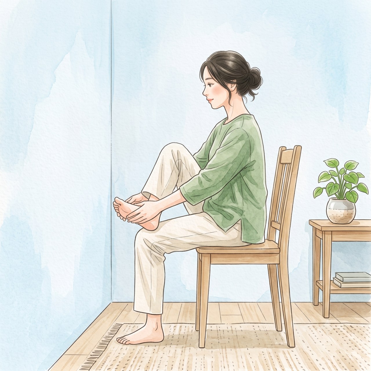 椅子に座って足首を手で回すストレッチの水彩イラスト