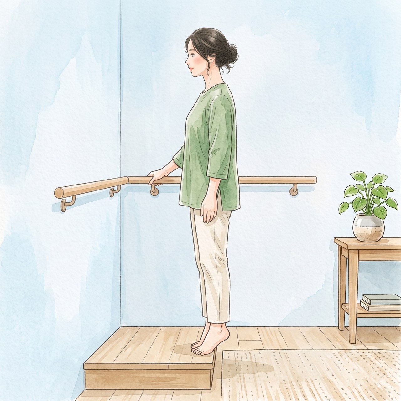 段差でかかとを上げ下げする運動の水彩イラスト