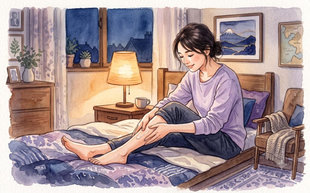 夜に自分のふくらはぎをケアする女性の水彩イラスト