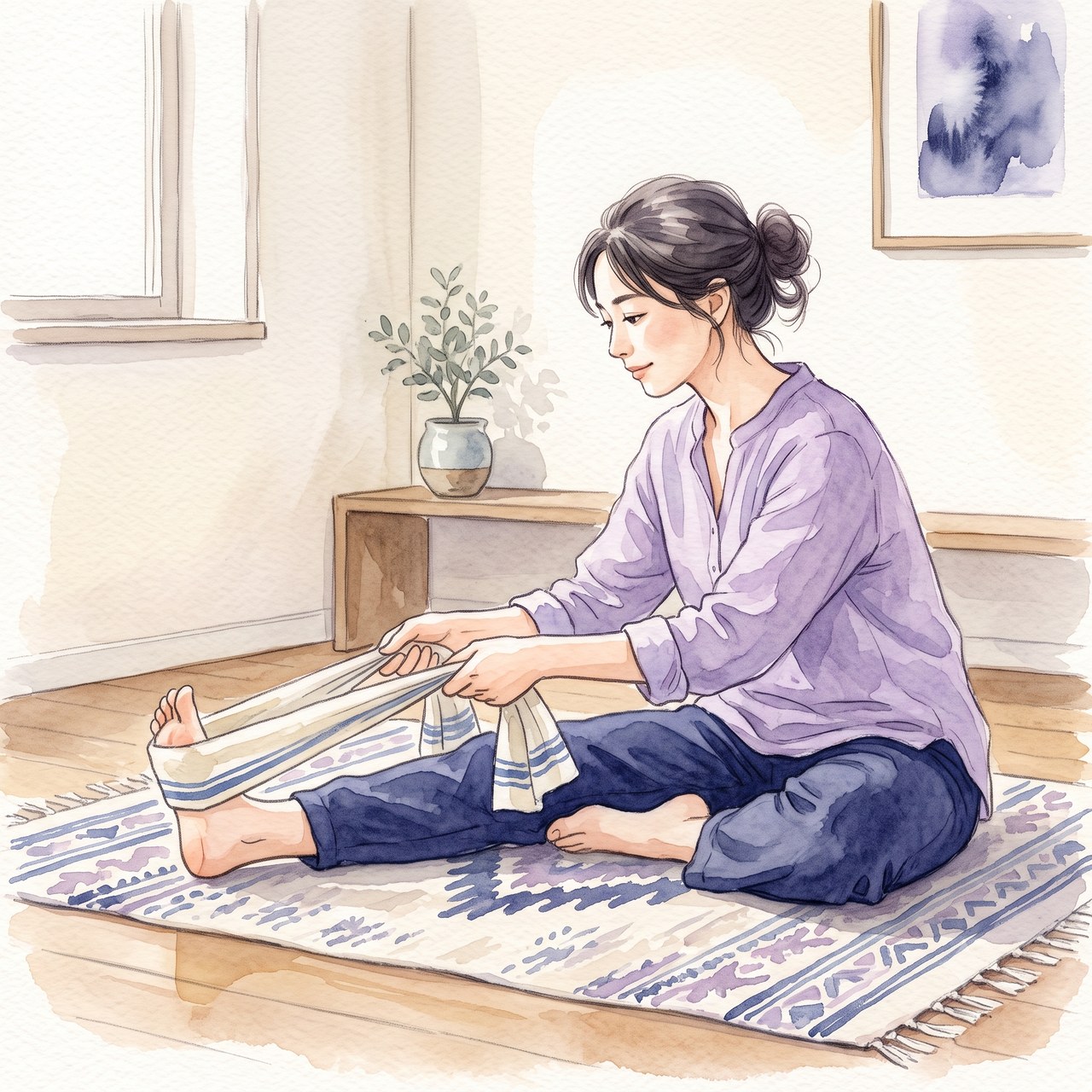 タオルでつま先を手前に引きふくらはぎを伸ばす水彩イラスト
