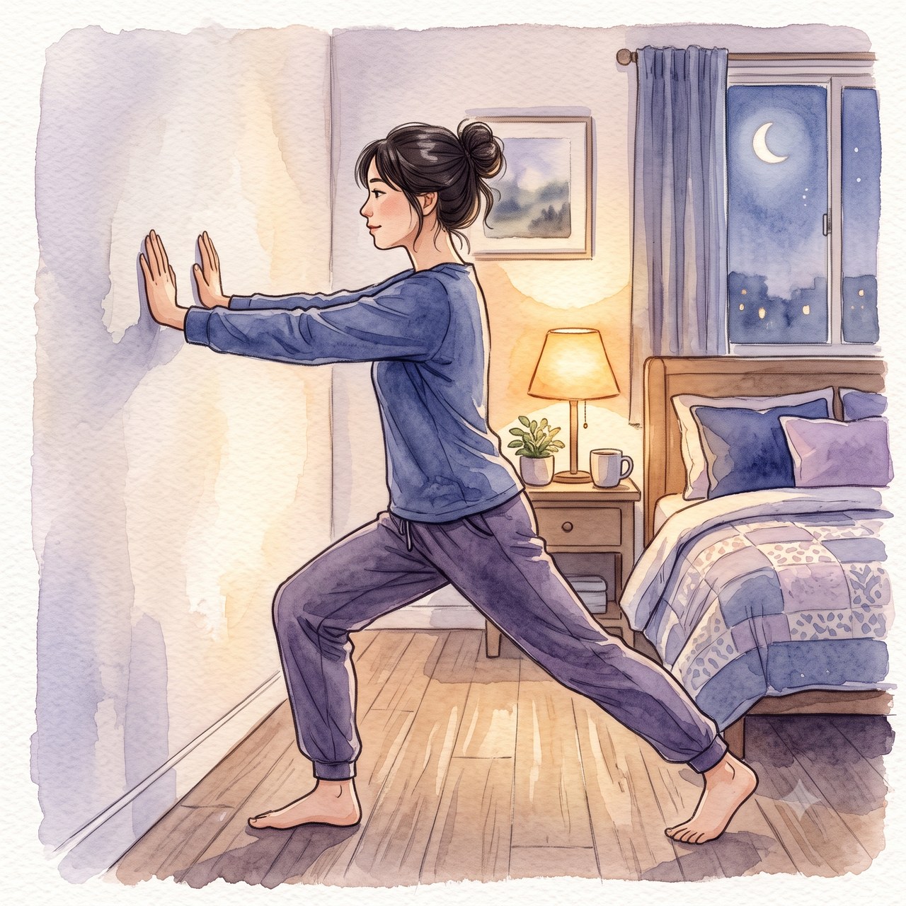 寝る前に壁でふくらはぎを伸ばすストレッチの水彩イラスト