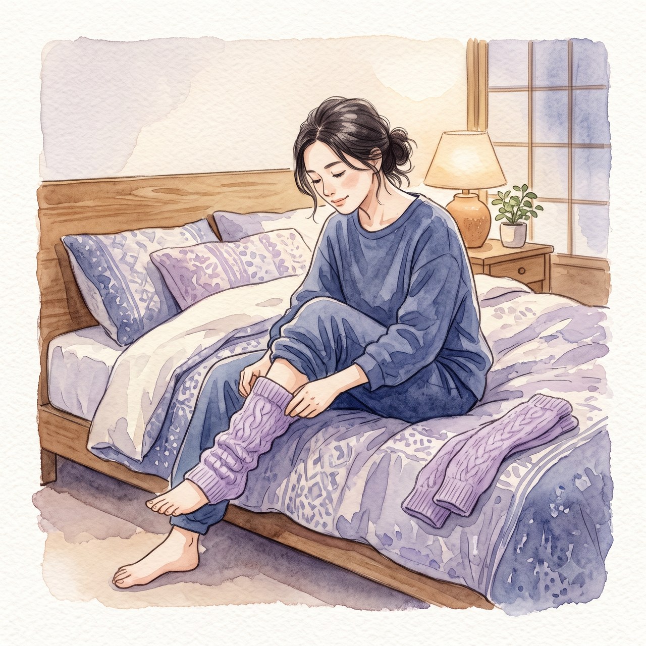 レッグウォーマーで足を温める水彩イラスト