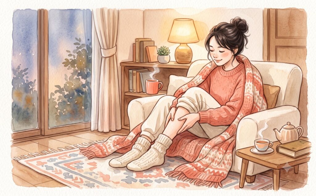 冷えた脚をケアしてくつろぐ女性の水彩イラスト